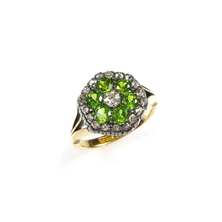 Antique demantoid garnet and diamond hexagonal cluster ring